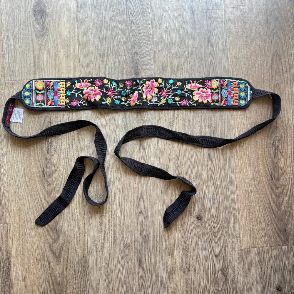 Johnny Was Black Floral Embroidered Tie Sash Belt Cupra Rayon Boho Multi Color